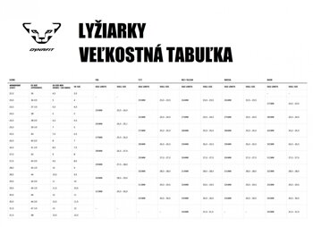 LYŽIARKY DYNAFIT VEĽKOSTNÁ TABUĽKA