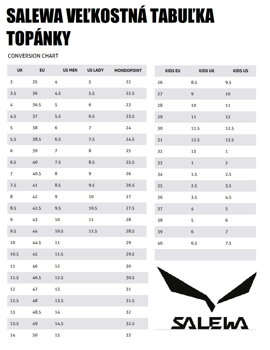 SALEWA veľkostná tabuľka topánky